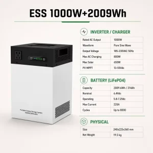 All-in-One Portable Power Station 1000W 2009Wh Solar Generator for Camping RV Van Life Home Emergency Backup Pure Sine Wave