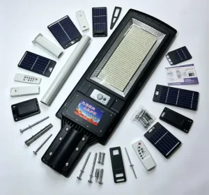 All-in-One Solar Street Light with Mounting Pole, Remote Control, PIR Sensor, IP65 Waterproof Outdoor Road Lamp