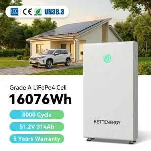 Bettenergy 16kWh LiFePO4 Battery 51.2V 314Ah Home Battery Storage System CAN Wall Mounted 200A BMS 5 Years Warranty