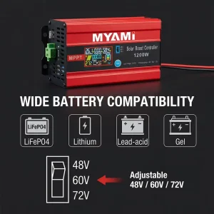 Boost MPPT Solar Charge Controller 1200W 48V/60V/72V Adjustable 98% Efficiency Compatible with Lead-Acid/Lithium Batteries