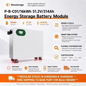 Commercial Energy Storage 51.2V 314Ah 16kWh LiFePO4 Battery Rack Mounted for Industrial Solar System IP54