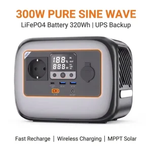 Compact 300W LiFePO4 Portable Power Station 320Wh Solar Generator UPS Pure Sine Wave Multi Device Outdoor Backup
