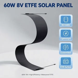 Custom Long Strip Shape ETFE Flexible Solar Panels Waterproof 60W 8V All Black Monocrystalline PV Module for Solar Energy System