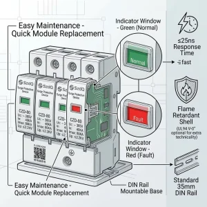 Din Rail Surge Protection Device 3P 40kA AC SPD Lightning Arrester Replaceable Overvoltage Protector for Solar Systems