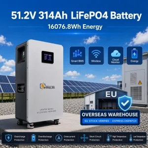 EU Stock 48V 51.2V 314Ah 300Ah LiFePO4 Lithium Ion Batteries Pack 16kWh 15Kwh Off Grid Hybrid Inverter BMS Home Solar Storage
