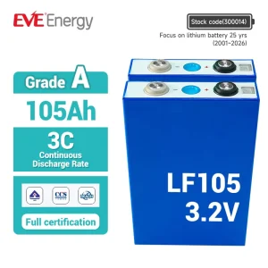 EVE LF105 Grade A 3.2V 105Ah LFP Prismatic Battery Cell 5000 Cycle Life M6 Studs For Home Energy Storage