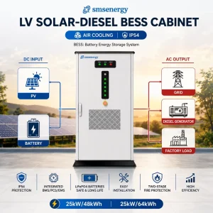 EnergyAll One LiFePO4 Solar Storage System 25kW 48kWh 64kWh Battery Cabinet Hybrid PV Grid Diesel Generator Air Cooling