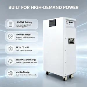 Floor mounted Home Energy Storage System 51.2V 314Ah 16KWh LiFePO4 Unit Grid Tied Off Grid Solar Backup Power for Household Use