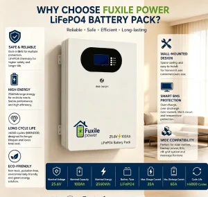 Fuxile 25.6V 100Ah 2560Wh Wall Mounted LiFePO4 Battery Pack 6000 Cycles Smart BMS Solar 5 10kW Hybrid Off Grid Home RV Backup