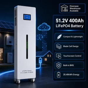 Grade A Cell 51.2V 400Ah LiFePO4 Battery 20kWh Built-in BMS Touchscreen Lithium Battery Compatible with Inverter for Solar System