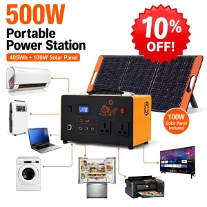 Home Backup 500W 405Wh LiFePO4 Solar System MPPT Pure Sine Wave for Household RV Camping Emergency Use
