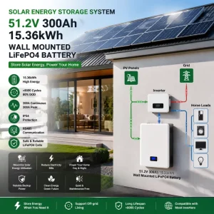 Home Energy Storage LiFePO4 Battery 51.2V 300Ah 15.36KWh 8000+ Deep Cycles IP54 for ON/Off Grid Solar Residential Power Backup