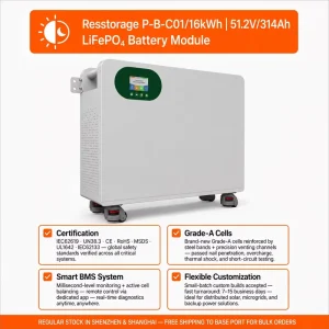 Home Energy Storage Split 48V 314Ah LiFePO4 Battery 16.08kWh Built in BMS Hybrid Grid for Solar System