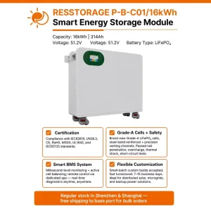 Home Energy Storage System 16.08kWh 51.2V 314Ah LiFePO4 Stackable Battery for Solar Panel with APP Monitoring