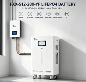 Home Solar Energy Storage Vertical Wheeled Lithium Battery 51.2V 280Ah 14.336kWh LiFePO4 Pack Support 16 Units Parallel