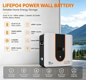 Home Solar Off Grid Energy Storage System 25.6V 51.2V Wall Mount LiFePO4 Lithium Battery Support RS485 Communication