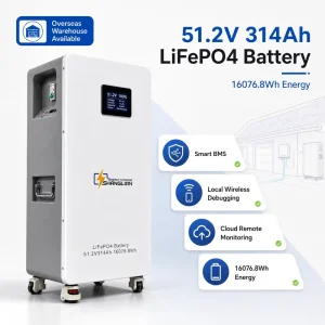 Home Storage System 51.2V 314Ah 10kWh 16kWh LiFePO4 Powerwall Energy Storage Solar Battery with Wheels and Button Screen