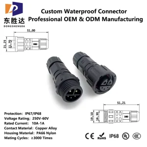 IP67 Threaded Waterproof Custom Cable Assembly Overmolded Connector for Outdoor Solar Lighting Installation