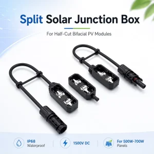 IP68 1500V Split Solar Junction Box 25A 30A 35A Current UL94 V0 Flame Class for 500W 700W Half Cut Bifacial Solar Panel Module