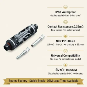 太阳能光伏电缆连接器，IP68，1000V，30A，适用于太阳能电池板