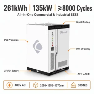 Industrial Grade 261kWh 135kW All-in-one BESS Liquid Cooling 8000 Cycles IP67 for Commercial Solar Storage Factory