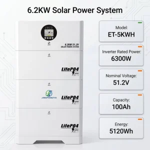 JFT ET 15KWH 51.2V 6.2KW 51.2V Solar Inverter Charger All in One System 15kWh LiFePO4 Battery MPPT 450VDC Hybrid Off grid Home