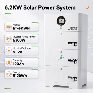 JFT ET 15KWH 51.2V 6.2KW Stackable Solar Inverter Charger All in One 15kWh LiFePO4 Battery MPPT 450VDC Hybrid Off grid Home