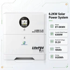 JFT ET 5KWH 51.2V 6.2KW 51.2V Stackable Hybrid Grid Solar Inverter Charger All in One System 5kWh LiFePO4 Battery MPPT Home