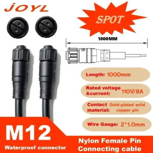 JOYL M12 IP68 Waterproof LED Connector Cable 2 Pin Female Pigtail 2x1mm 110V 8A 1M for Power Signal Transfer & Solar Lighting
