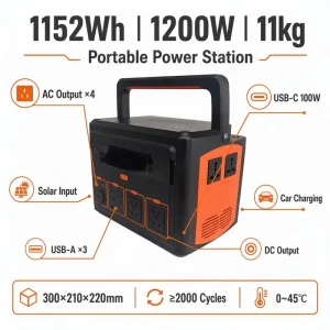 Lightweight 1152Wh 1200W Portable Power Station Solar Panel Input 11kg 2000 Cycles for Camping Off-grid Home Backup
