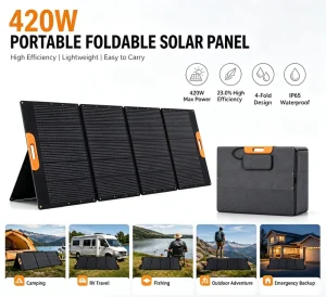 Lightweight IP65 Waterproof Foldable Solar Charging Panel 420W Monocrystalline Cells With MC4 Output for Outdoor Travel Fishing