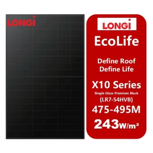 Longi EcoLife X10 LR7 54HVB 475~495M Single Glass Premium Black HPBC 2.0 Commercial Home Monocrystalline 480W 490W Solar Panels