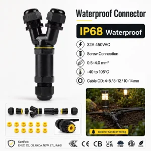 M25 IP68 Waterproof Brass Contact Y Connector 1 in 2 Out 32A 450V Screw Terminal 3 Way Branch Joiner for Highway Tunnel Lighting