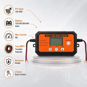 MPPT 15A 24V 36V 48V Step-Up Solar Regulator with LCD Display for RV and Caravan Batteries