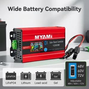 MPPT Solar Boost Charge Controller 1200W 48V/60V/72V 99% Efficiency LCD Display MC-4 PV Connector for Electric Vehicle Use