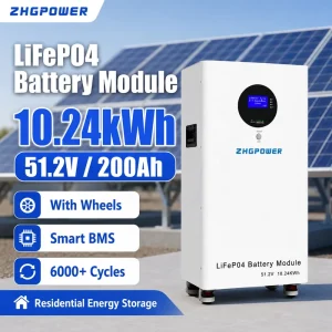Mobile 51.2V 200Ah LiFePO4 Battery 10.24kWh Large Capacity Solar Energy Storage for Residential Backup Power System