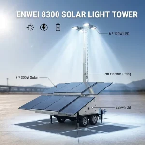 Mobile Solar LED Light Tower Trailer with 8 High Efficiency Solar Panels Adjustable Mast Telescopic Floodlight Tower