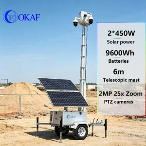 Off Grid Mobile Surveillance System 4G WIFI Starlink Internet Security Tower Solar CCTV Trailer for Mining Construction Site