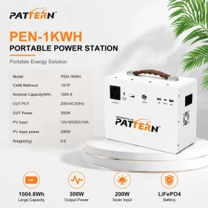 PATTERN Emergency Power Station 1KWH Lithium Battery Portable Solar Generator for Home Backup Indoor Outdoor Camping and Fishing