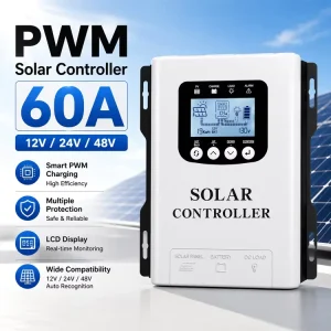 PWM Solar Charge Controller 60A 12V 24V 48V Auto Battery Regulator LCD Display for Solar Panel Home RV Marine Power System
