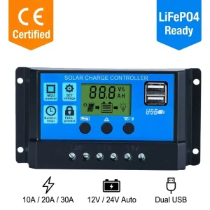 PWM Solar Charge Controller OEM 10A 20A 30A LiFePO4 12V 24V Auto LCD Dual USB CE Off Grid Solar Regulator