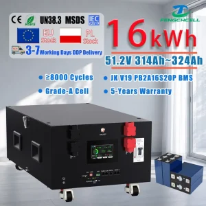 Poland Stock 48V 51.2V 16kWh 314Ah Lifepo4 Solar Battery with JK V19 BMS 8000 Cycles 5 Years Warranty for Home Energy Storage
