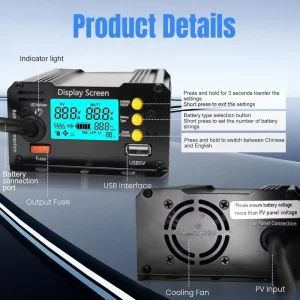 Portable 15A MPPT Solar Boost Charge Controller for Foldable Solar Panels, Camper Vans, RVs, and Golf Carts