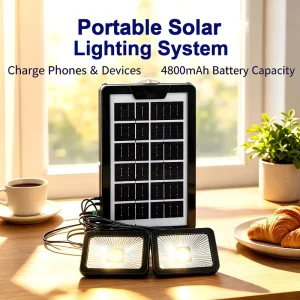 Portable 4W 6V Solar Lighting System with 4800mAh Battery and 2 Mini Square Lights, Camping Home Emergency Light