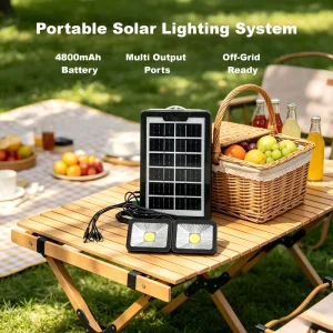 Portable Solar Power Lighting System with 2 Mini Square Lamps USB Type-C Output Outdoor Camping Home Solar Light Kit