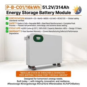 RESSTORAGE Solar Energy Storage System Split Hybrid Grid Wall-Mounted 51.2V 314Ah 16.08kWh LiFePO4 Battery IP54 Protection Home