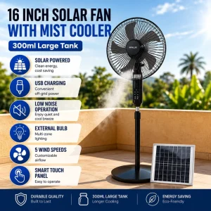 Rechargeable Solar Standing Fan Solar Ceiling Fan with Solar Panel Lithium Battery 16 Inch Solar Fan