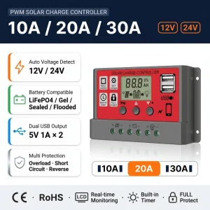 Red Housing PWM Solar Charge Controller 10A 20A 30A 12V 24V LCD AH Display Dual USB CE Certified OEM