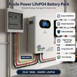 Residential Solar Battery 25.6V 100Ah Deep Cycle LiFePO4 Hybrid Grid Smart BMS Wall Mount Home Energy Storage 2560Wh