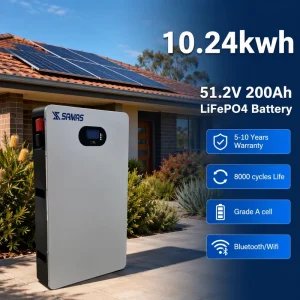 SAMAS 10kWh 51.2V 200Ah LiFePO4 Wall Mounted Battery Powerwall Home Energy Storage for Residential Solar System